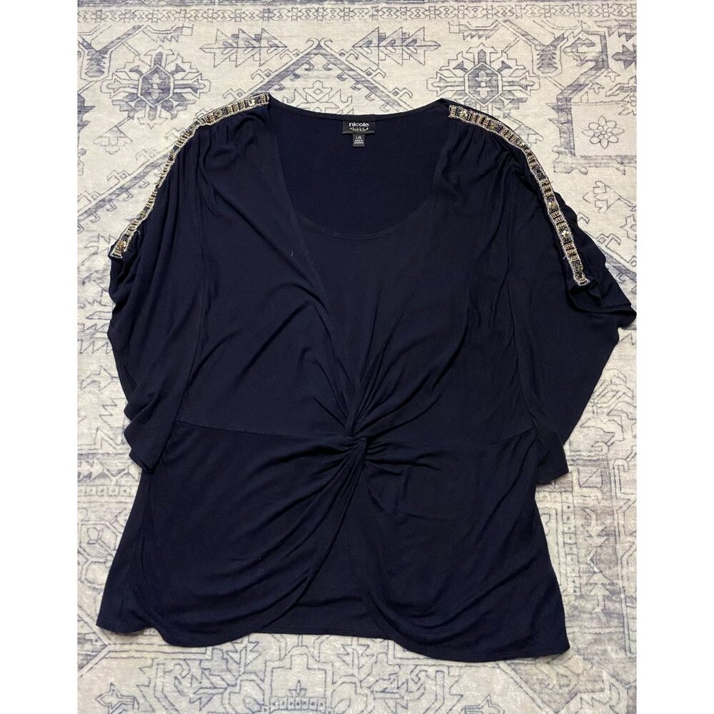 Nicole By‎ Nicole Miller Womens Large Black Beaded Shoulder Tunic Top Stretch